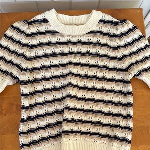 Marled Cream and Black Crewneck Top with Striped Knit Design